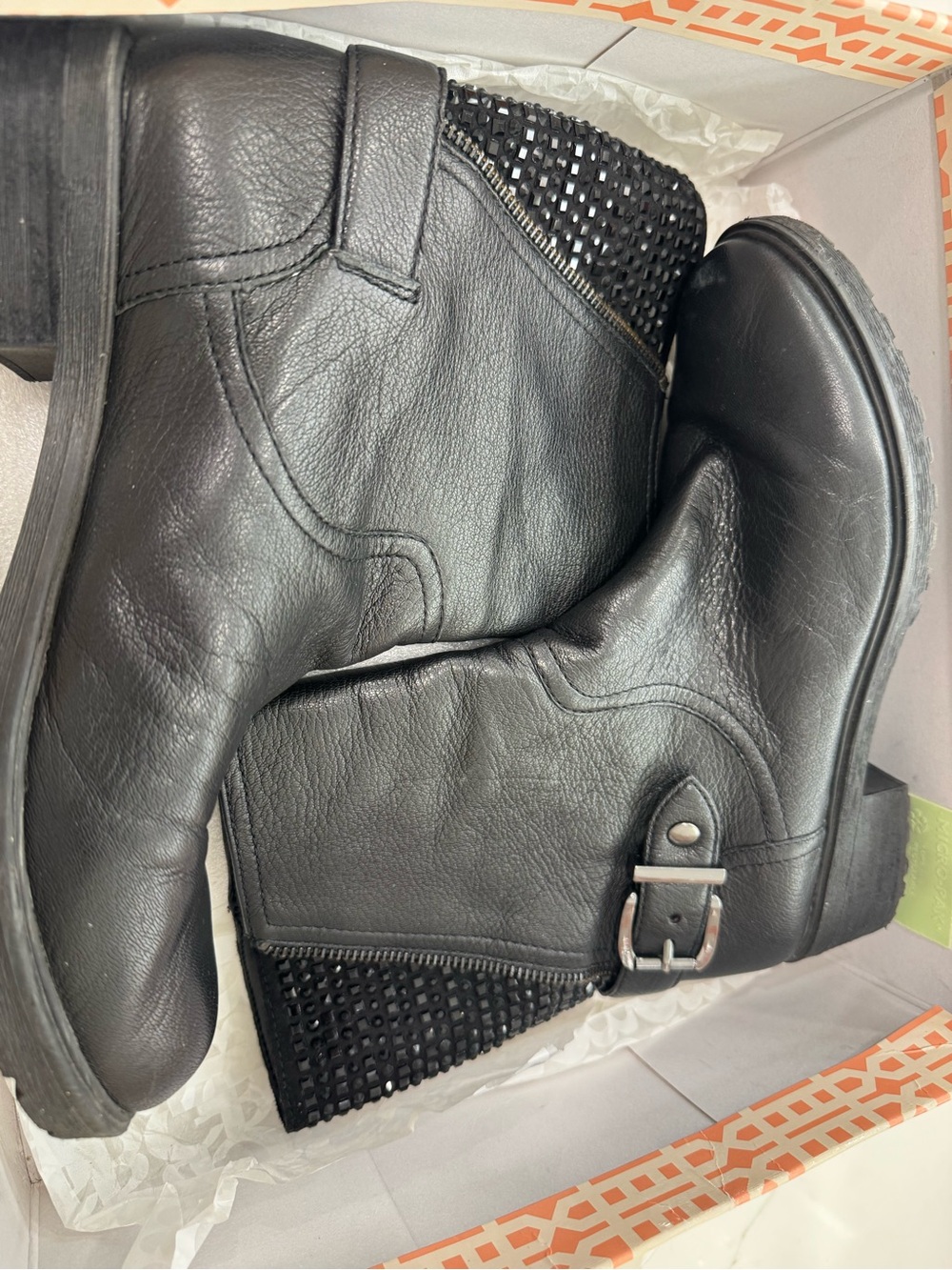 Gianni Bini Black Leather Ankle Booties with Studded Heel and Buckle